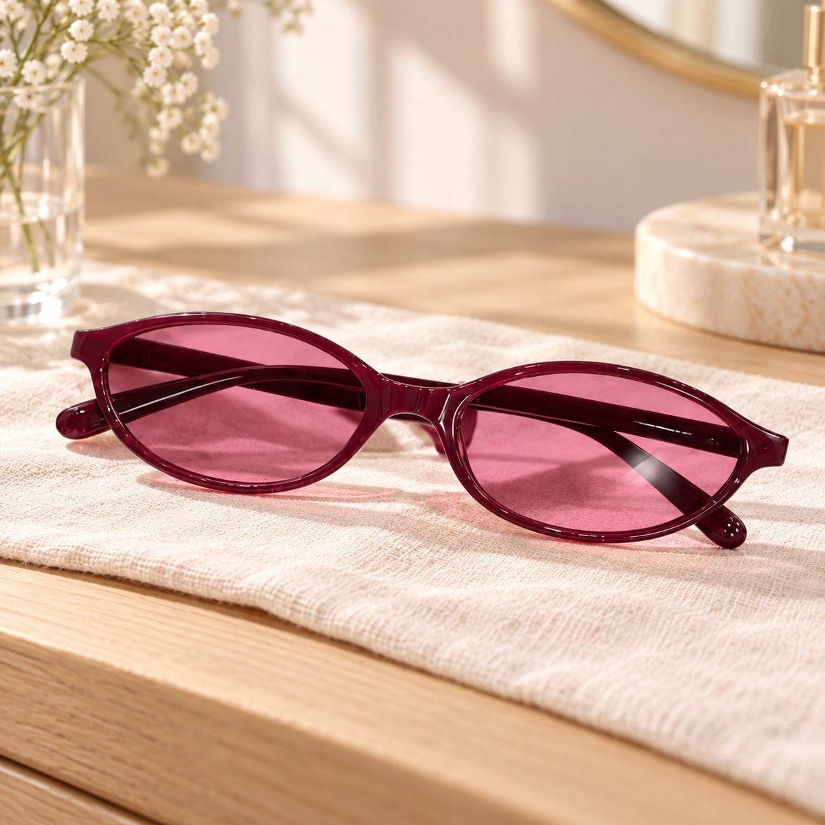 Lentes de Sol Ovalados Vino en ambiente de hogar — Vendalia