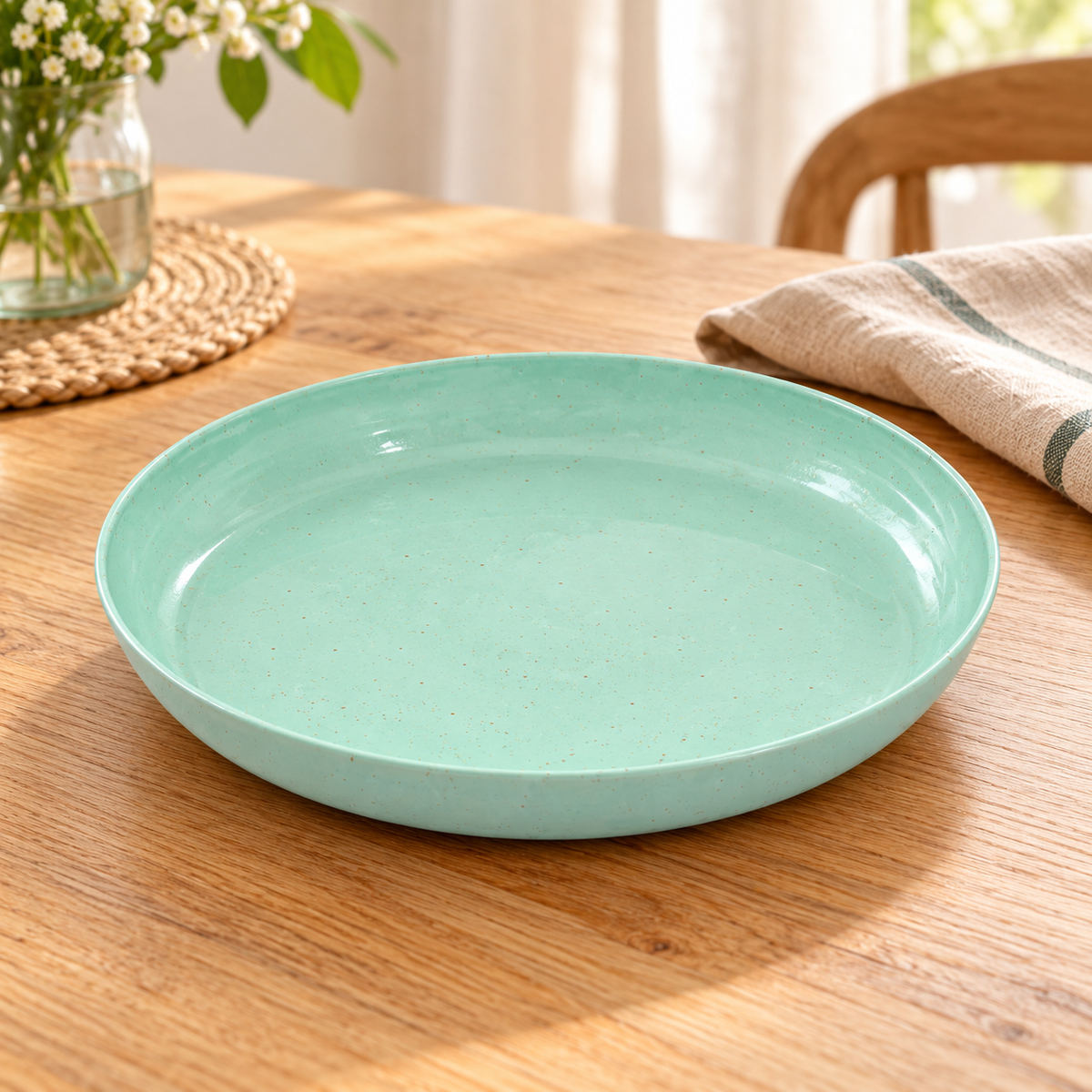 Plato Redondo 20 x 20 cm Verde Menta en ambiente de hogar — Vendalia