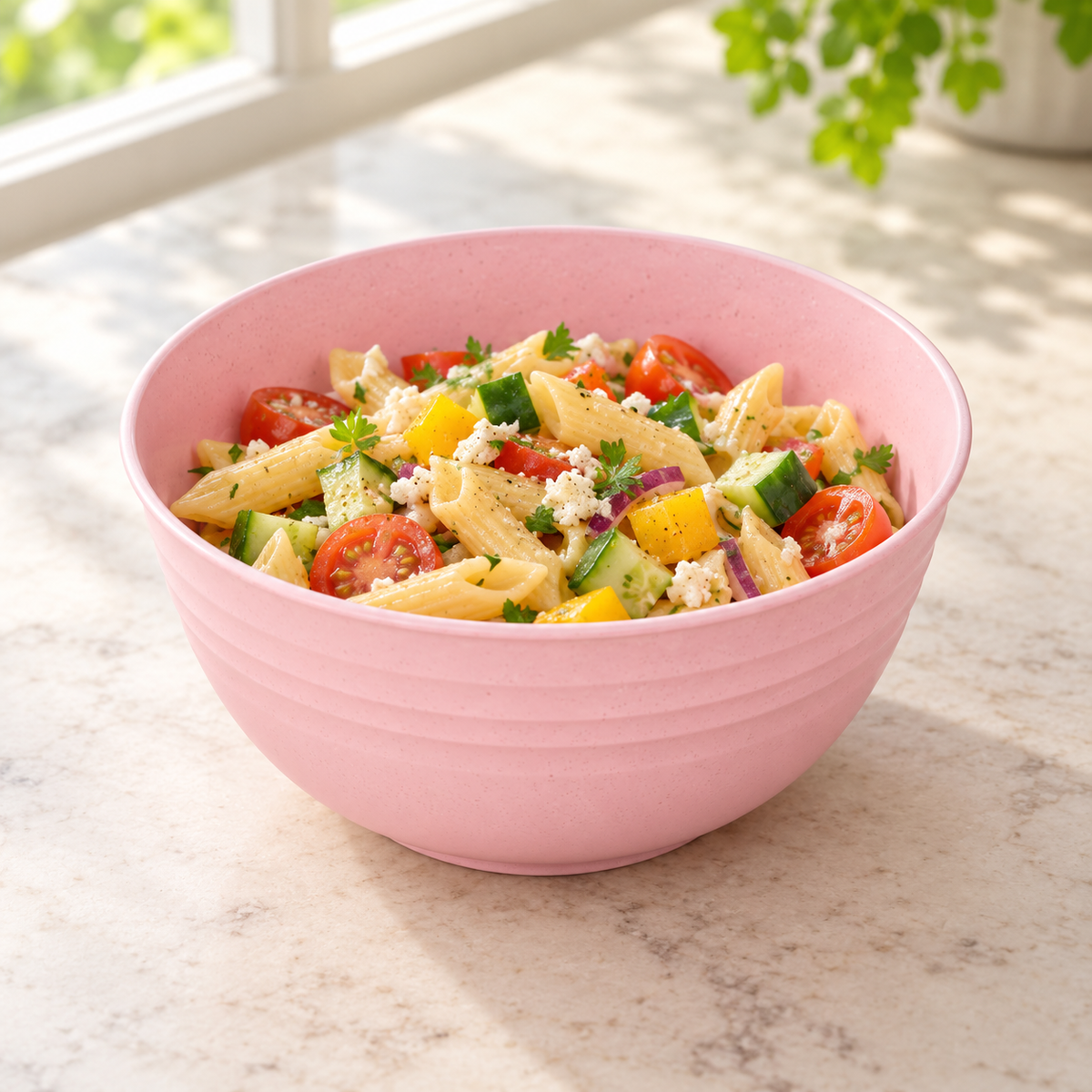 Bowl de 700 ml rosa — Vista de uso; alimentos y accesorios de ambientación no incluidos