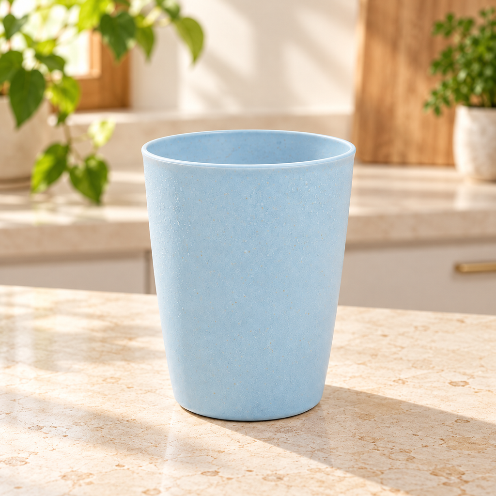 Vaso Reutilizable con Acabado Moteado Azul · fotografía ambientada de Vendalia · SKU 54152