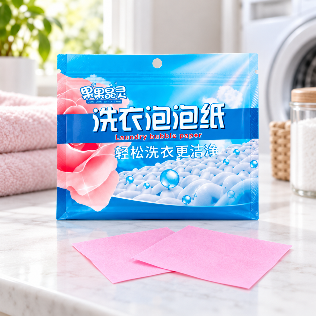 Hojas de detergente para ropa 30 piezas rosa en ambiente de hogar — Vendalia. La fotografía muestra el empaque y 2 hojas de ejemplo; la presentación incluye 30 hojas.
