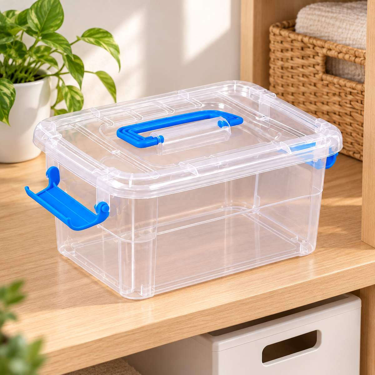 Cesta de almacenamiento apilable de plástico S/M (2kg) en ambiente de hogar — Vendalia