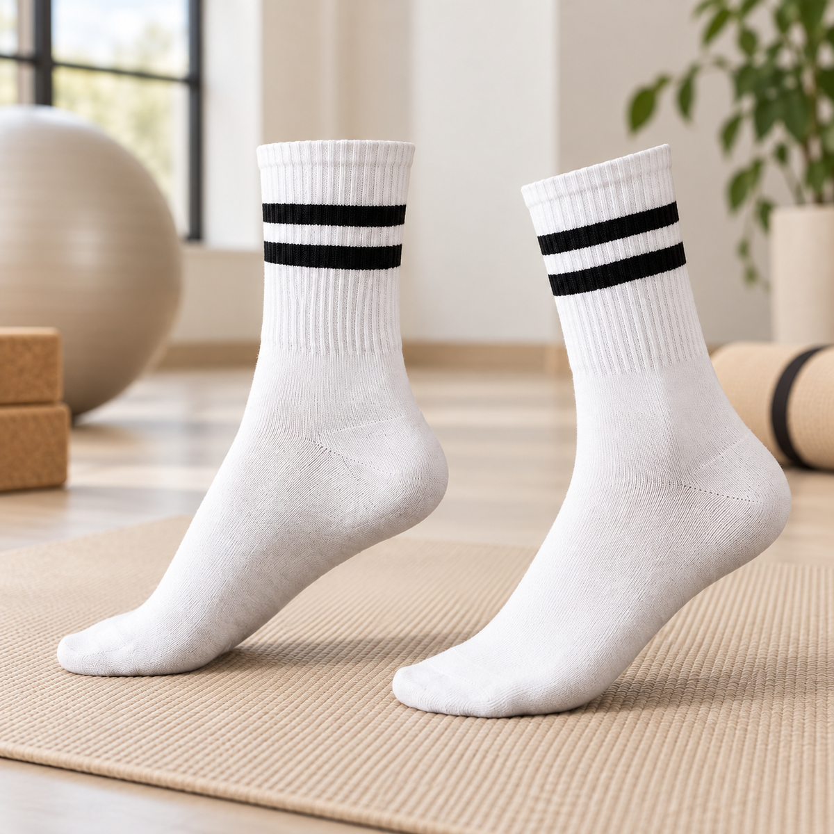 Calcetines de yoga antideslizantes blancos. Fotografía del modelo en ambiente Vendalia.