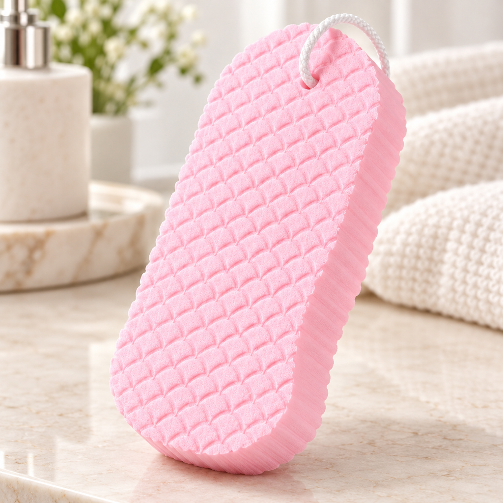 Esponja Exfoliante Corporal de Baño doble cara Rosa en ambiente de hogar — Vendalia