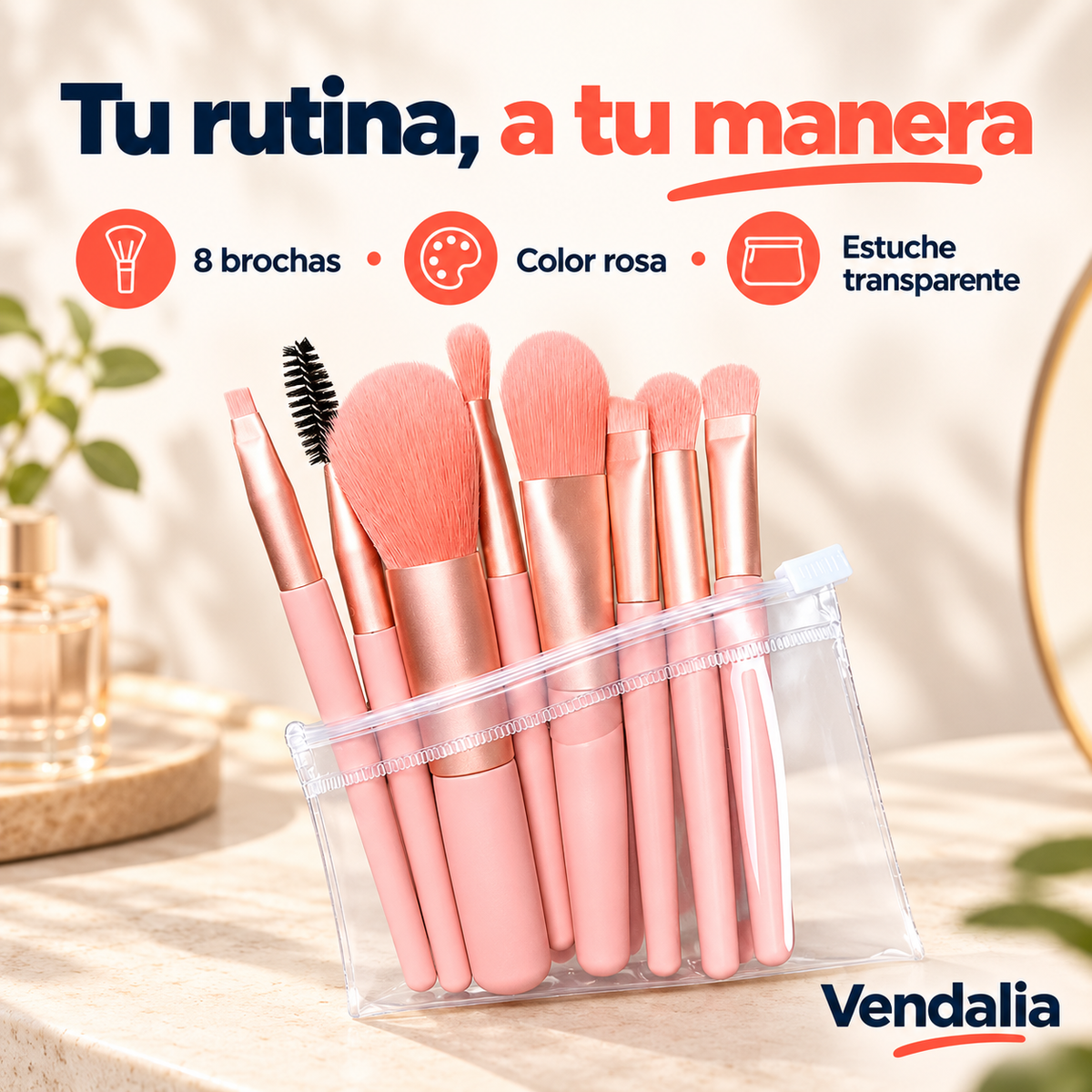 Set de 8 brochas rosa con estuche — presentación Vendalia