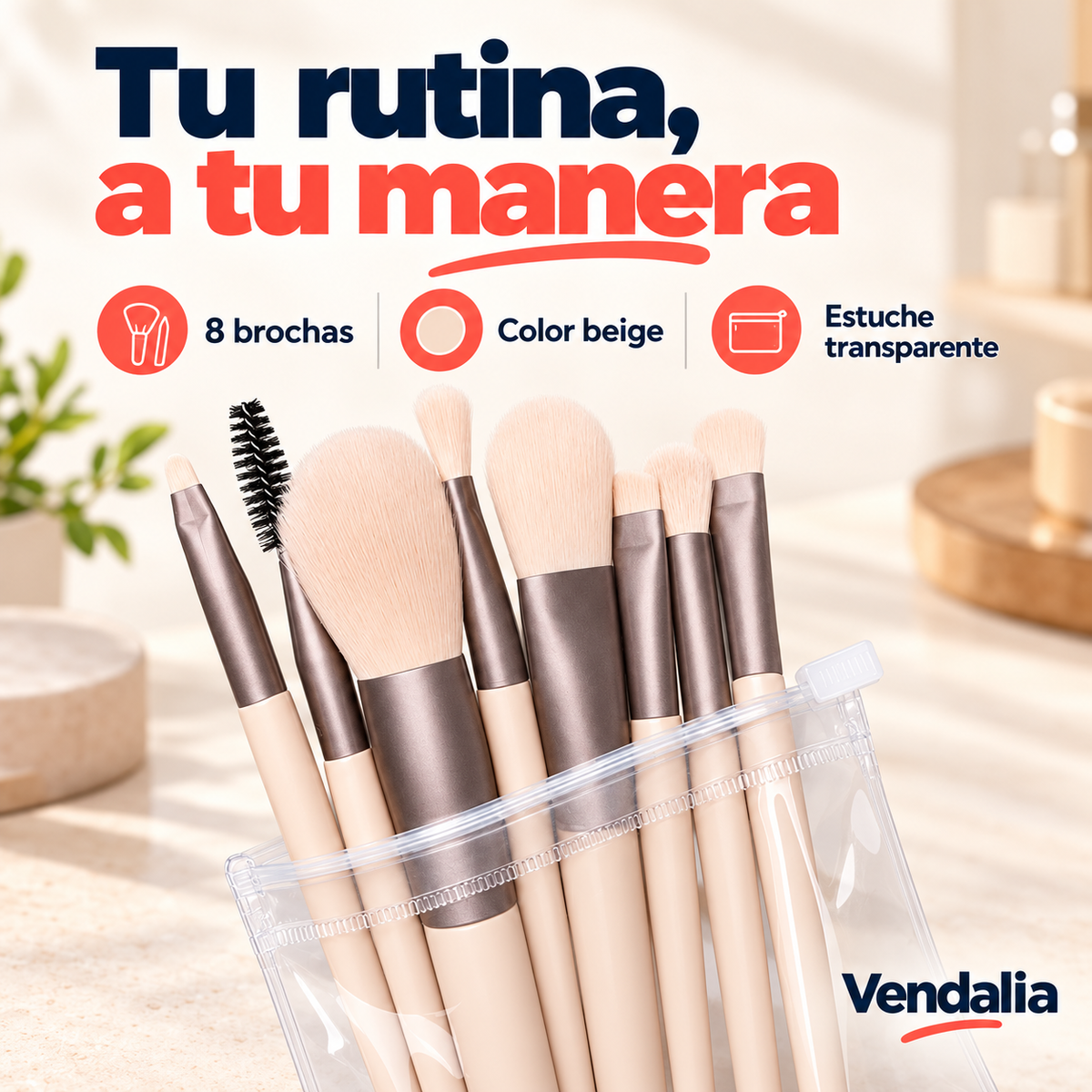 Set de 8 brochas beige con estuche — presentación Vendalia