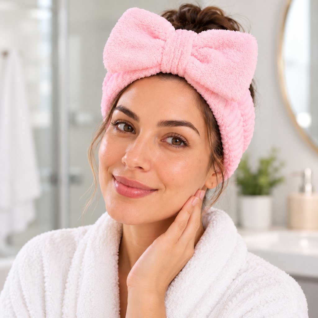 Diadema facial con moño rosa — Vista de detalle.