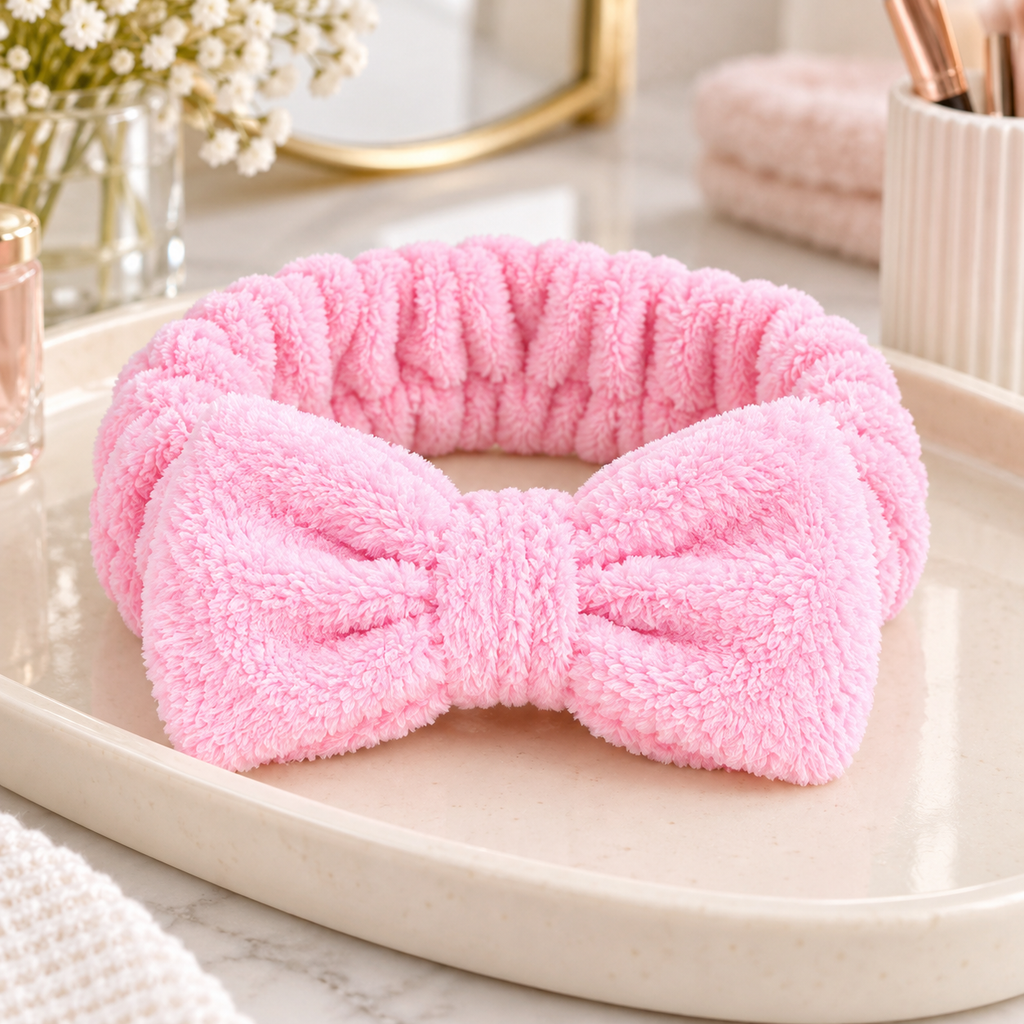 Diadema toalla con moño para cuidado facial — Rosa — SKU 54226