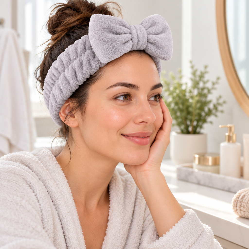 Diadema facial con moño gris — Vista de detalle.