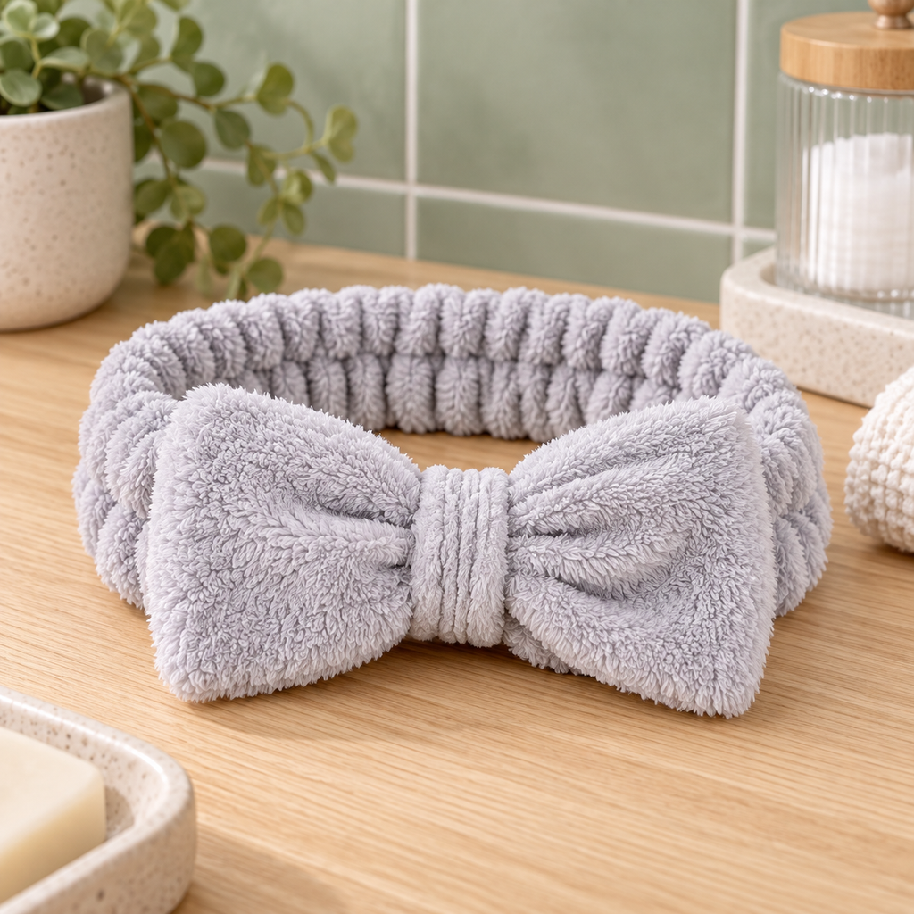 Diadema toalla con moño (spa/lavado cara) gris en ambiente de hogar — Vendalia