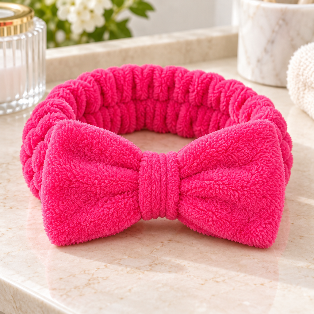 Diadema toalla con moño (spa/lavado cara) fiusha en ambiente de hogar — Vendalia