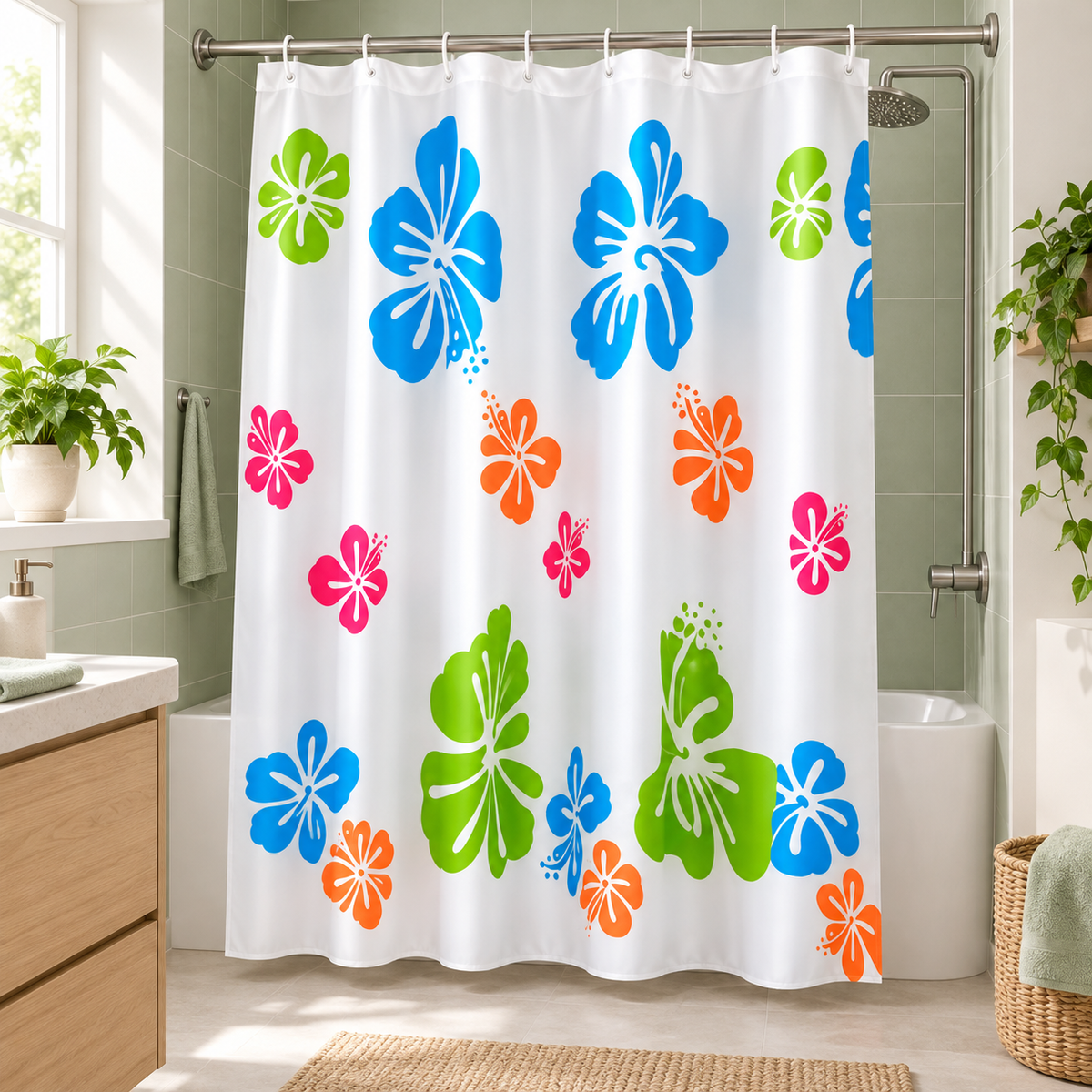Cortina para Baño Floral Multicolor 180 x 180 cm en ambiente de hogar — Vendalia