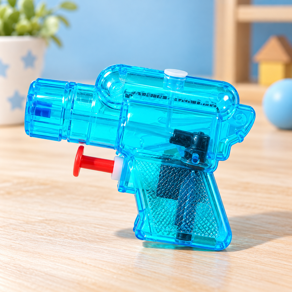 Paq de 6 Mini Pistolas de Juguete Colores Surtidos en ambiente de hogar — Vendalia. La fotografía muestra el detalle de una pieza en un color de ejemplo; la presentación de venta es el paquete de 6 mini pistolas. Los colores se surten según disponibilidad del proveedor.