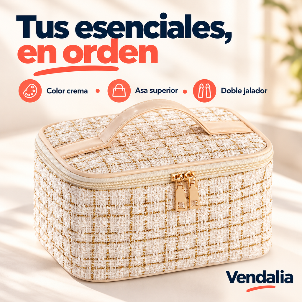 Cosmetiquera crema con asa — presentación Vendalia