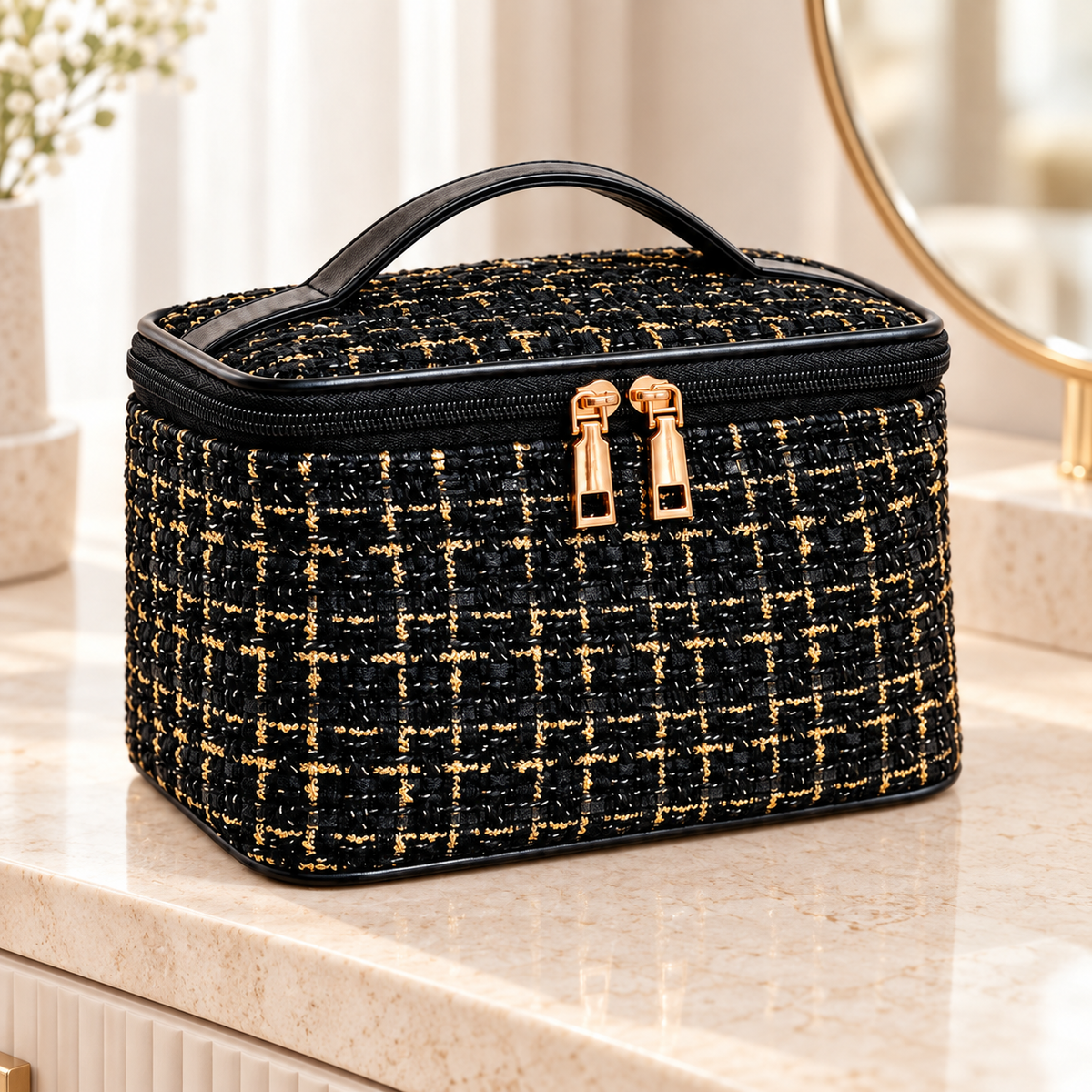 Cosmetiquera elegante con asa y doble cierre — Negro — SKU 54271