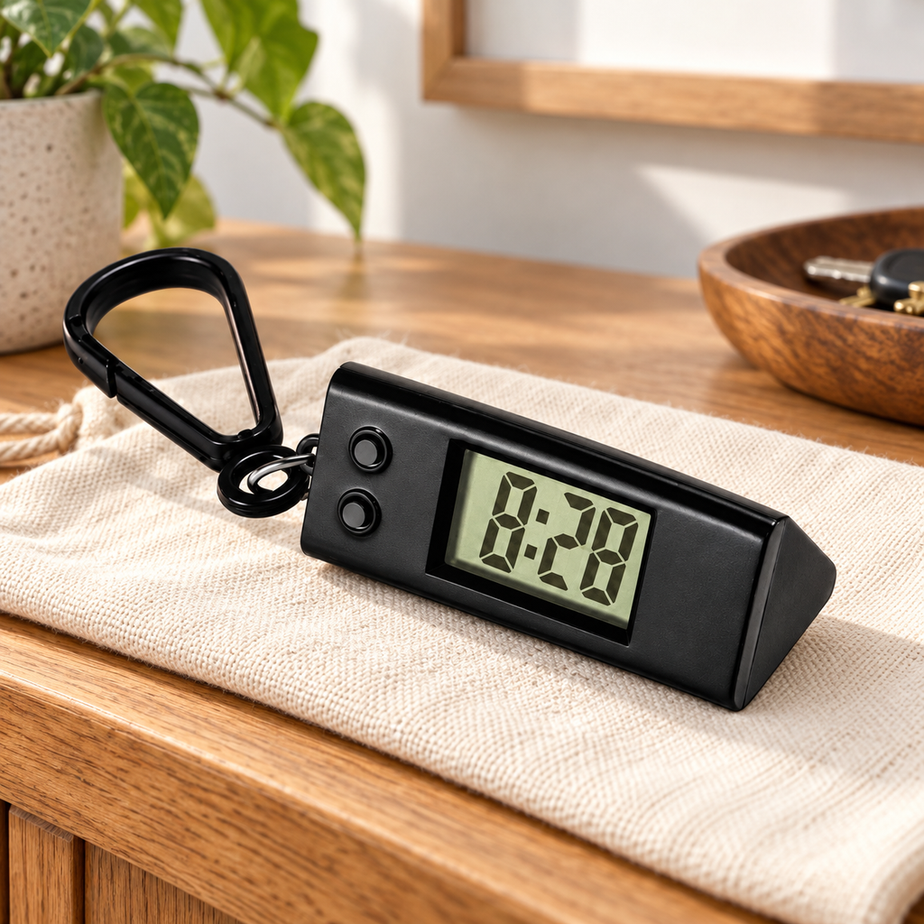 Reloj Digital Portátil con Llavero Negro en ambiente de hogar — Vendalia