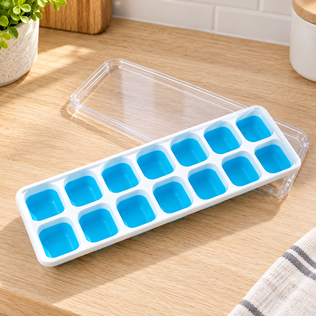 Cubitera con tapa y base de silicón · 14 cubos — Azul — SKU 54300
