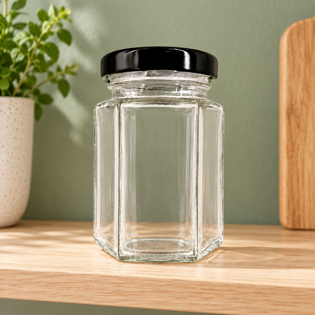 Frasco Hermético de vidrio hexagonal 100 ml en ambiente de hogar — Vendalia