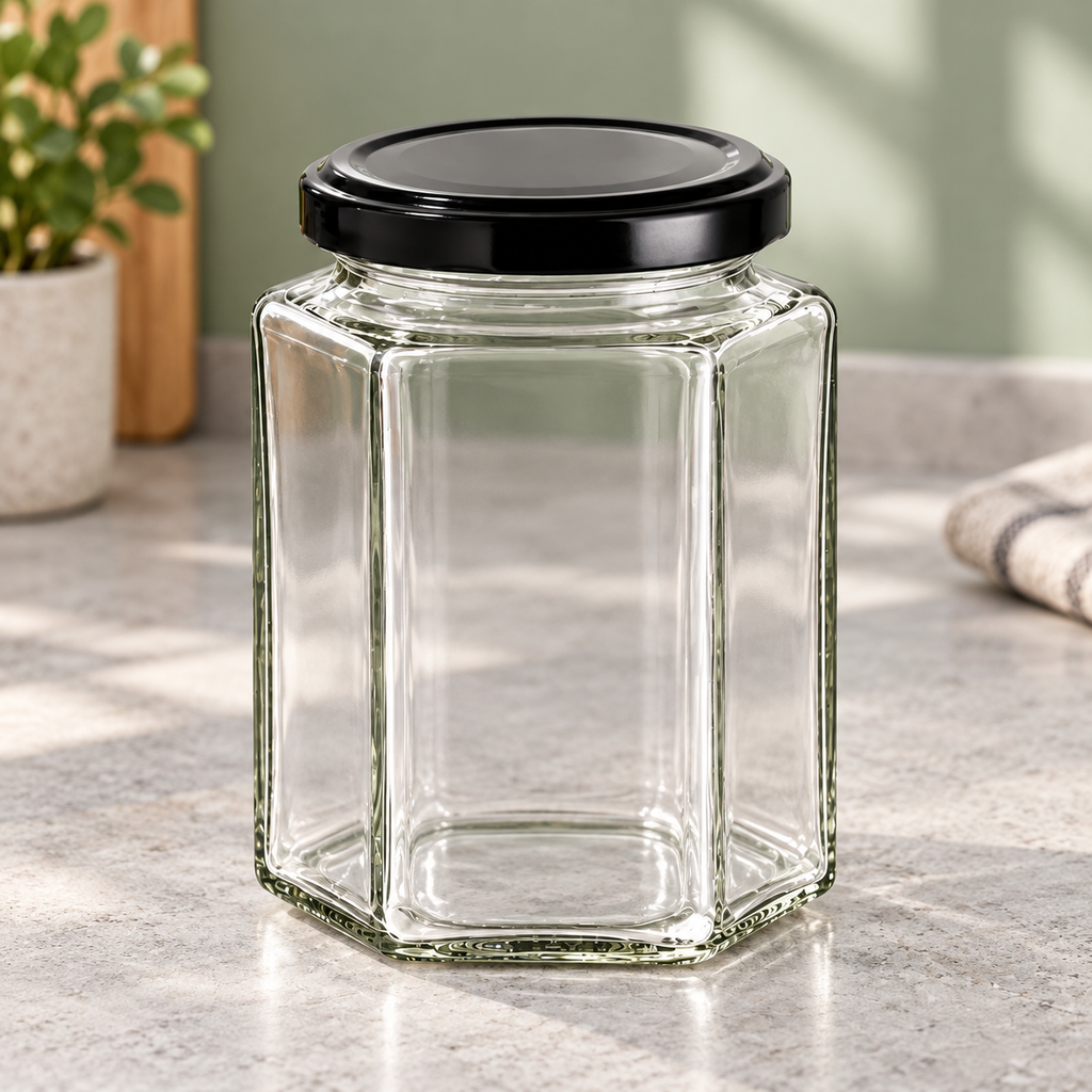 Frasco Hermético de vidrio hexagonal 380ml en ambiente de hogar — Vendalia