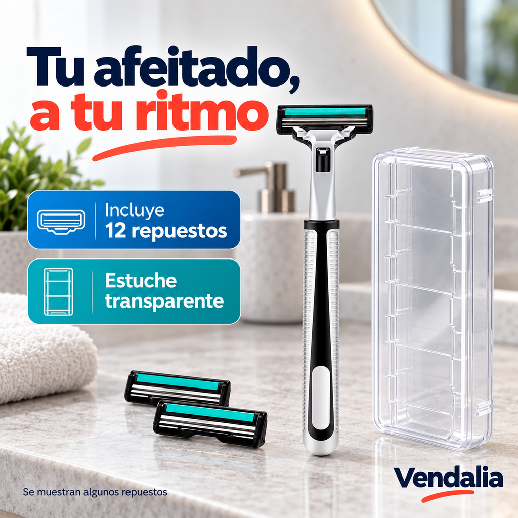 Rastrillo con estuche y 12 repuestos; se muestran algunos repuestos — portada — Vendalia — SKU 54407