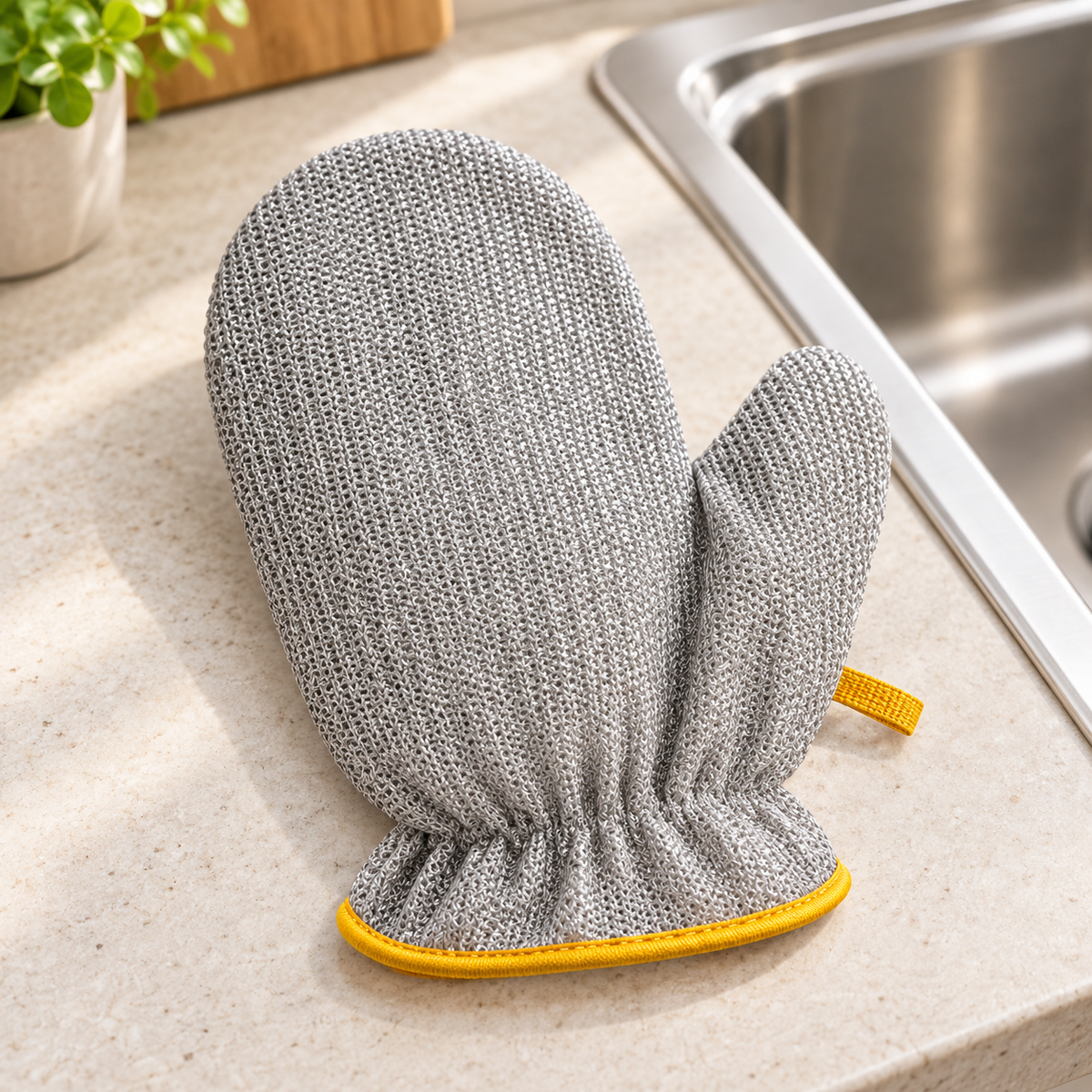 Guante metálico gris con borde amarillo en una cocina. Venta por paquete de 2 piezas.